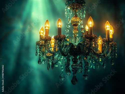 Illuminated Crystal Chandelier Against a Dramatic Teal Backdrop Casting Light Rays