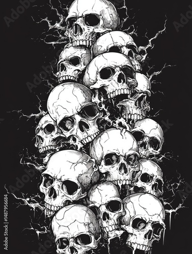 A graphic design of many skulls in a vertical arrangement.