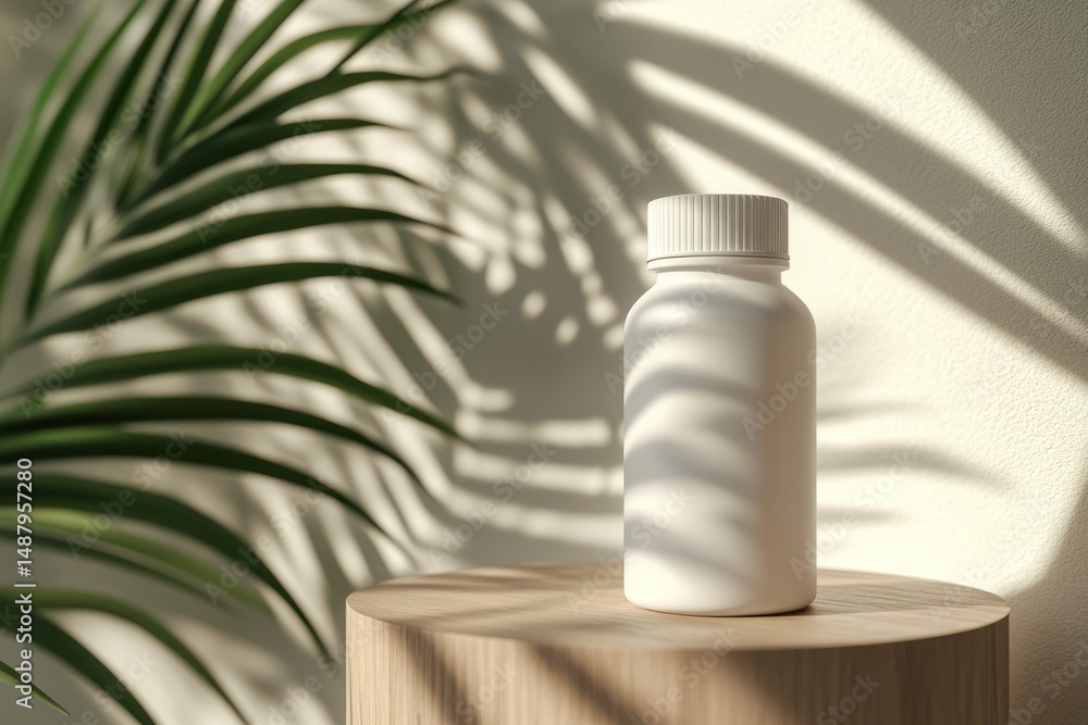 White bottle mockup with palm leaves