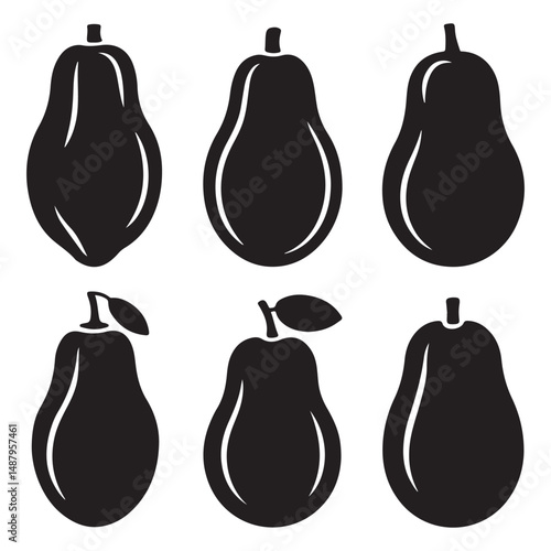 Stylized black papaya fruits, vector silhouette set