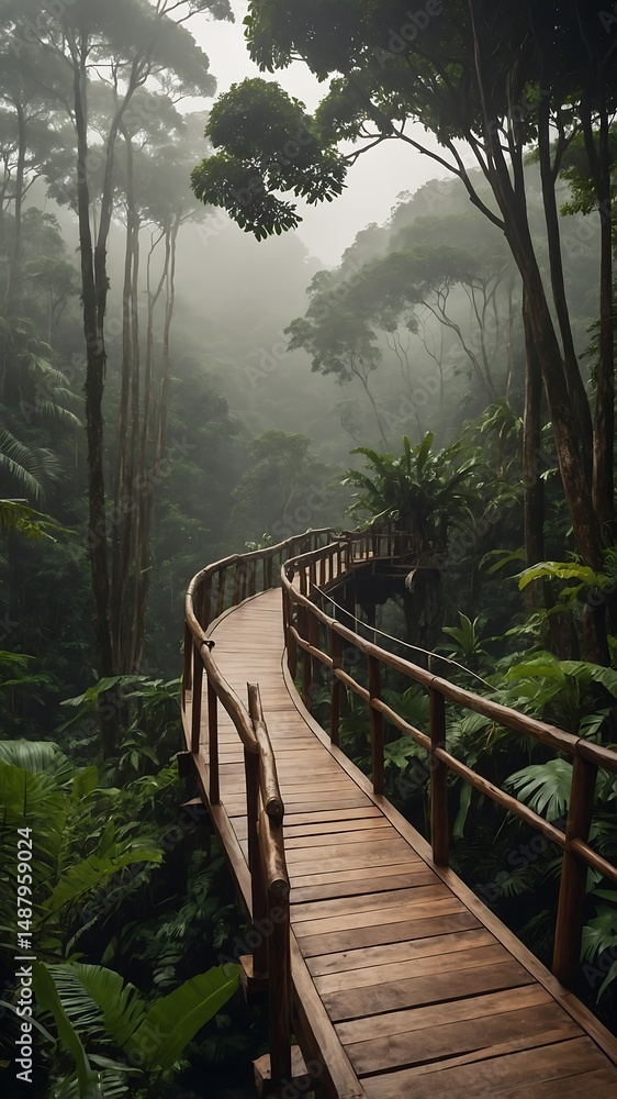 Obraz premium Wooden walkway through a dense green forest with a misty atmosphere.