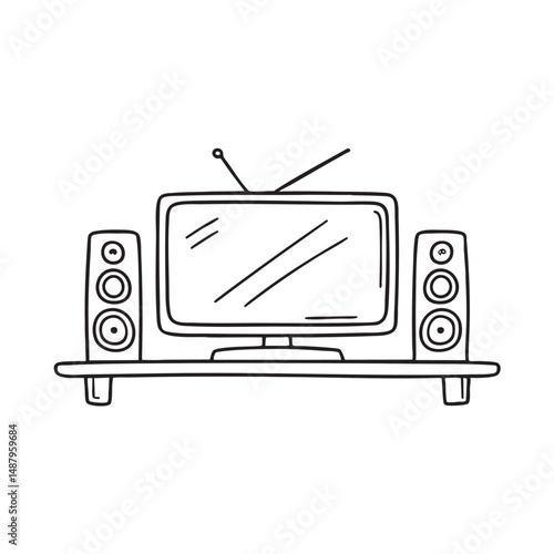 A television standing near two speakers on a shelf