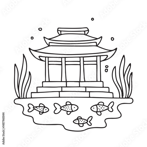A temple beside a pond filled with koi fishes