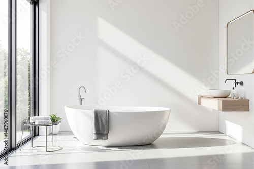 Wallpaper Mural Sleek modern bathroom with white freestanding bathtub, wood vanity and round mirror in minimal style, bright interior architecture, sunlight background. Ai generative Torontodigital.ca