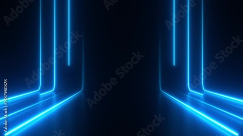 Futuristic abstract background with bright blue neon lights animation. Energy beams flow in 3d space motion texture. Shiny lines effect for cyber concept. Seamless loop.