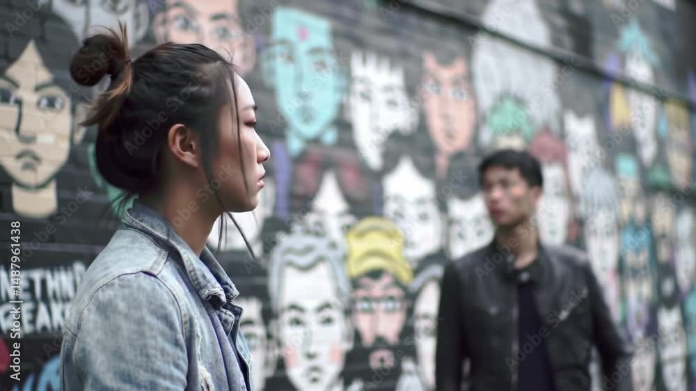 A woman stands in an alleyway, captivated by the colorful street murals on the wall. A man observes nearby, creating a dynamic urban atmosphere filled with artistic expression. A woman stands in an alleyway, captivated by the colorful street murals on the wall. A man observes nearby, creating a dynamic urban atmosphere filled with artistic expression.
