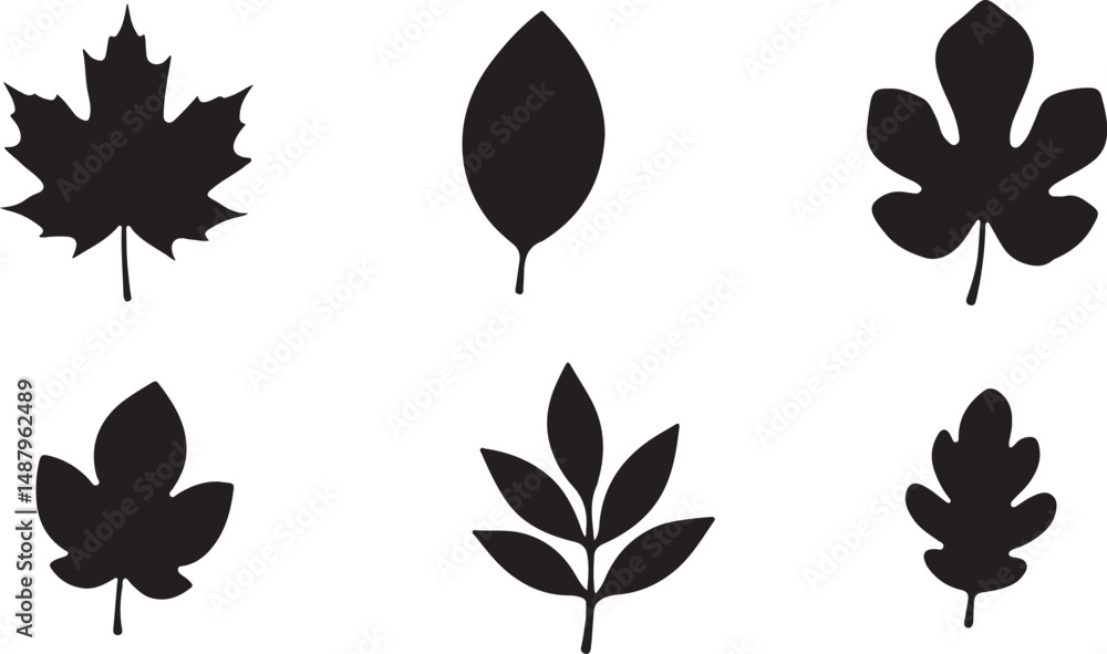 Obraz premium Six Black Leaf Silhouettes Assortment Vector