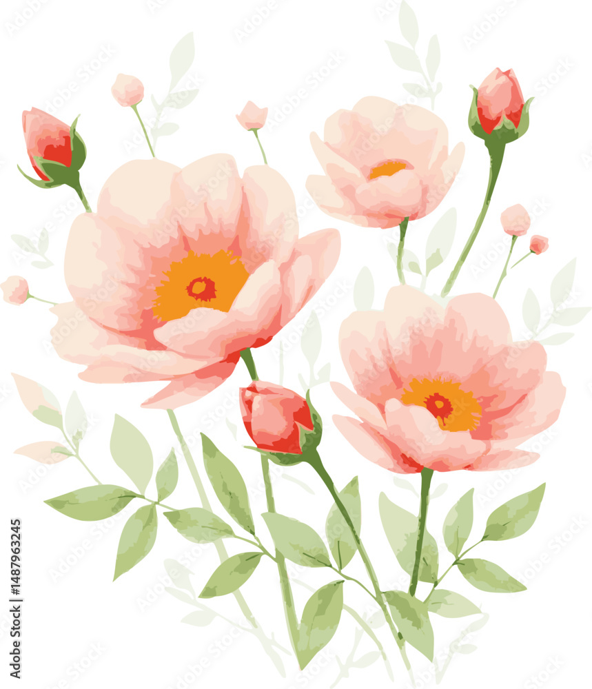 Fototapeta premium Delicate Watercolor Painting of Peach Colored Roses and Greenery