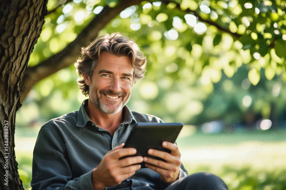 A smiling mature man with salt-and-pepper hair relaxes under a tree in a park while looking at a tablet. A smiling mature man with salt-and-pepper hair relaxes under a tree in a park while looking at a tablet.