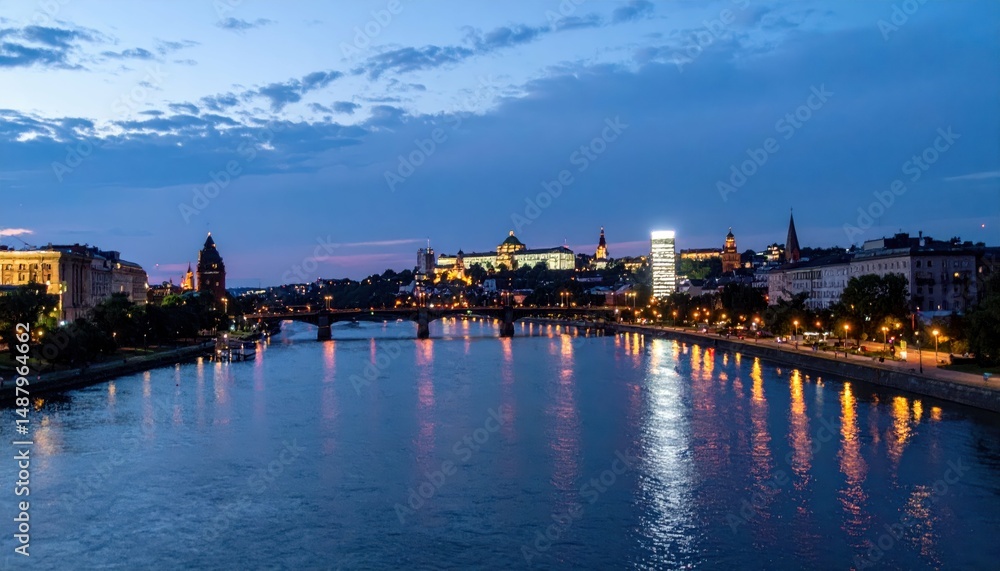 Naklejka premium Scenic Cityscape View from Bridge Over River with Reflections at Dusk