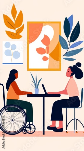 Business Meeting with Wheelchair User: Collaborative Discussion and Accessibility in a Modern Office Setting