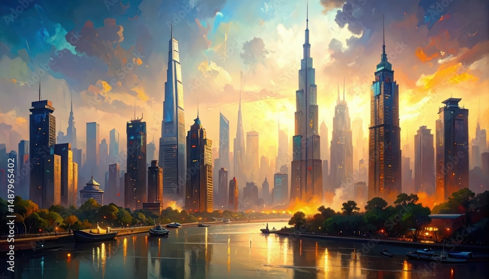 Fototapeta premium Atmospheric Cityscape Rendered in Painterly Style with Expressive Brushstrokes
