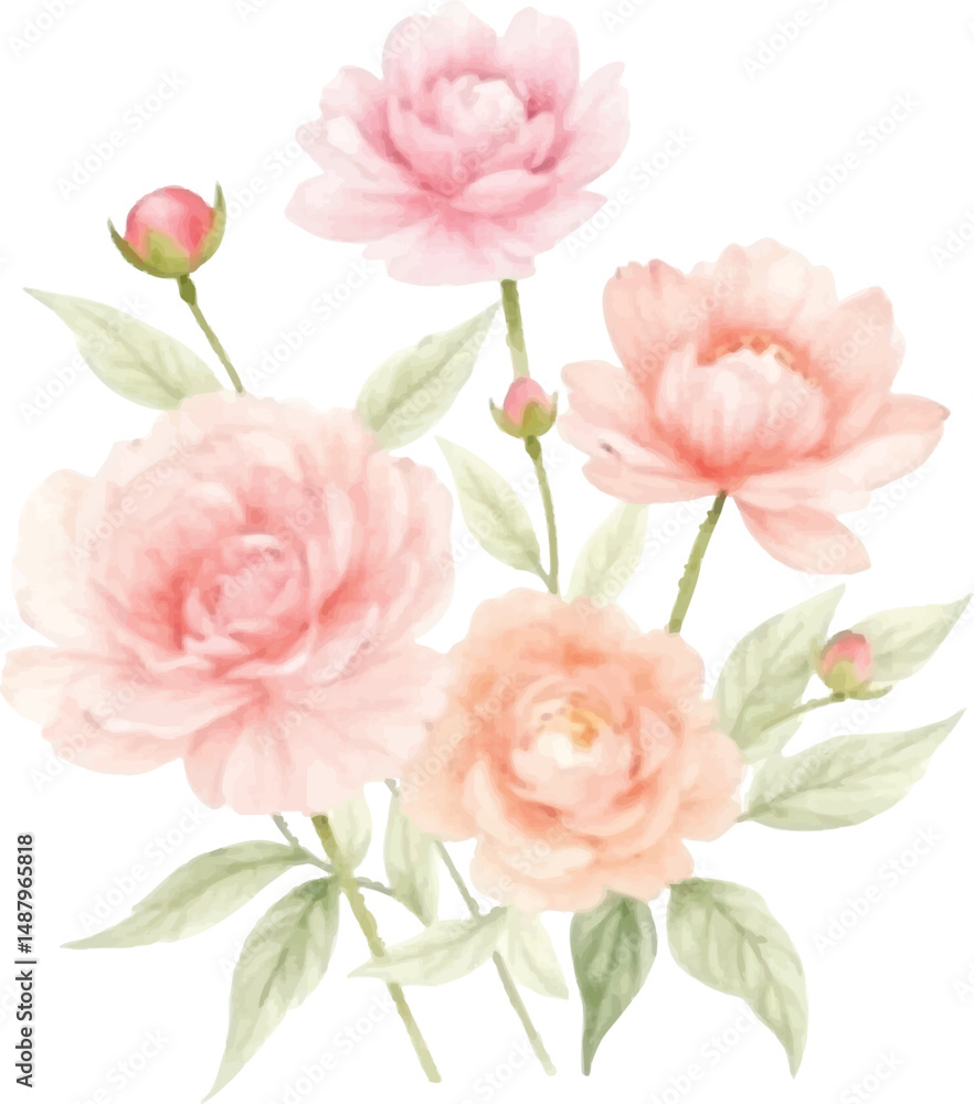 Fototapeta premium Watercolor Painting of Delicate Peach and Pink Peonies with Green Leaves