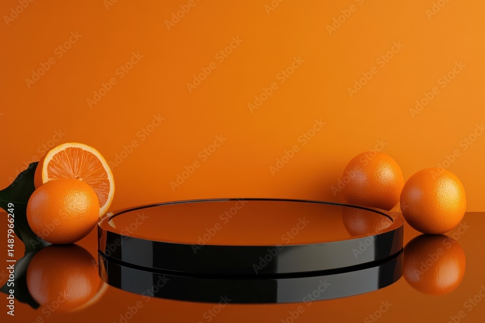 Fresh orange slices and whole oranges on a black circular stand bright orange background