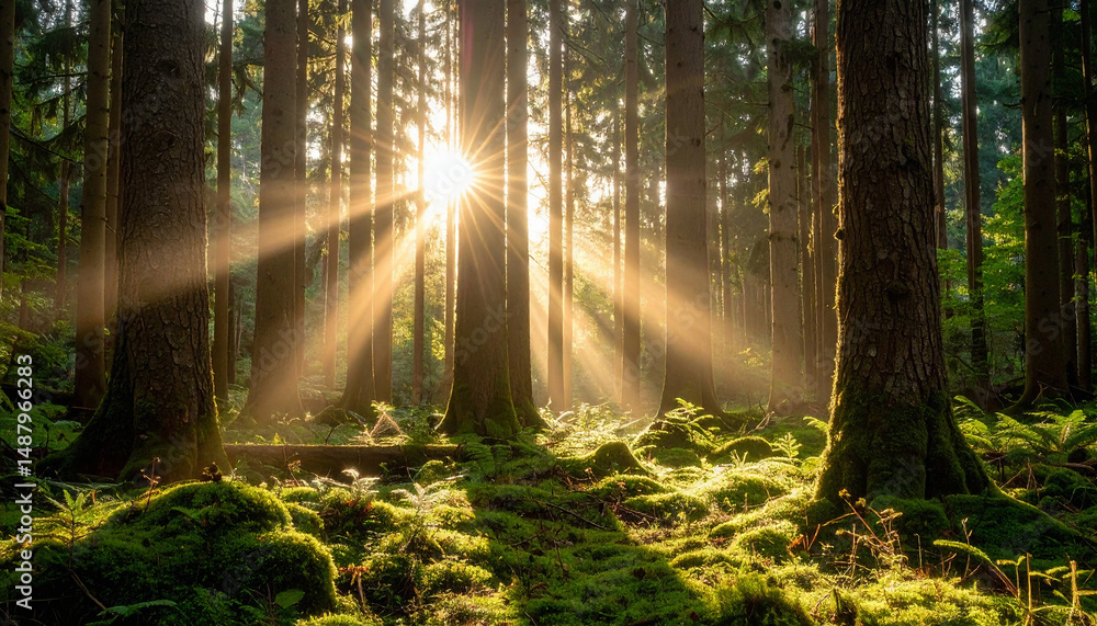 Fototapeta premium Golden Sunlight Piercing Through Serene Forest at Dawn