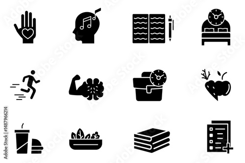 Life solid icon set collection. Icons related to Balance, wellness, pulsation, cardio, routine, prospect, respiration, evolvement, fruition, lifebuoy, life etc. Vector illustration