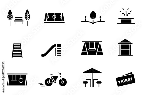 Park icon set collection. Icons related to Plant, tree, land, flower, camp, park, hiker, swing, seating space, parking, playground, waterfall, fountain, swing, slide, track etc. 