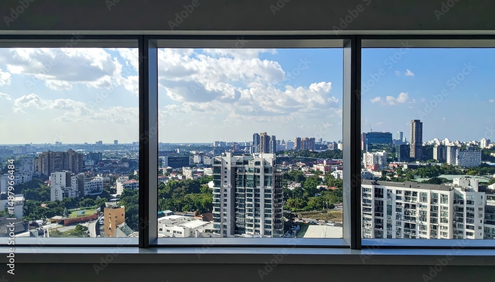 Fototapeta premium Urban Cityscape Viewed from Inside Building Through Large Window