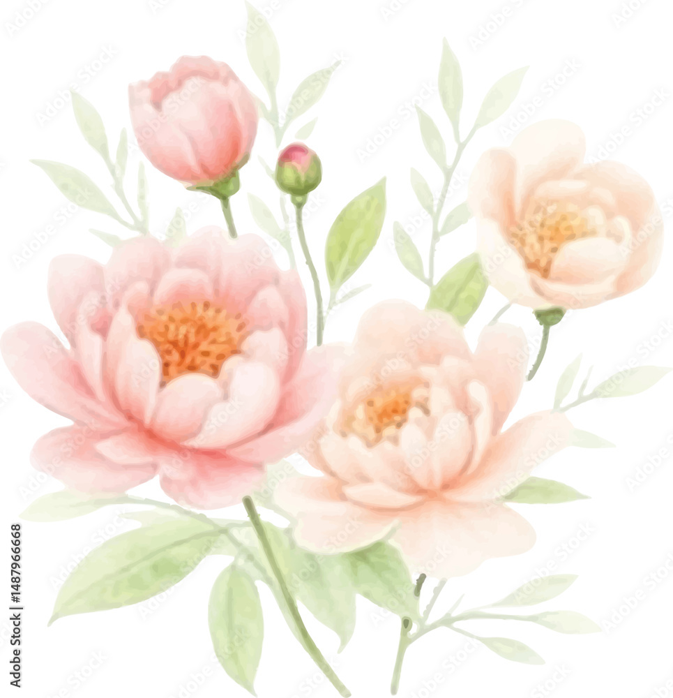 Naklejka premium Elegant Watercolor Painting of Delicate Peach Peonies and Greenery