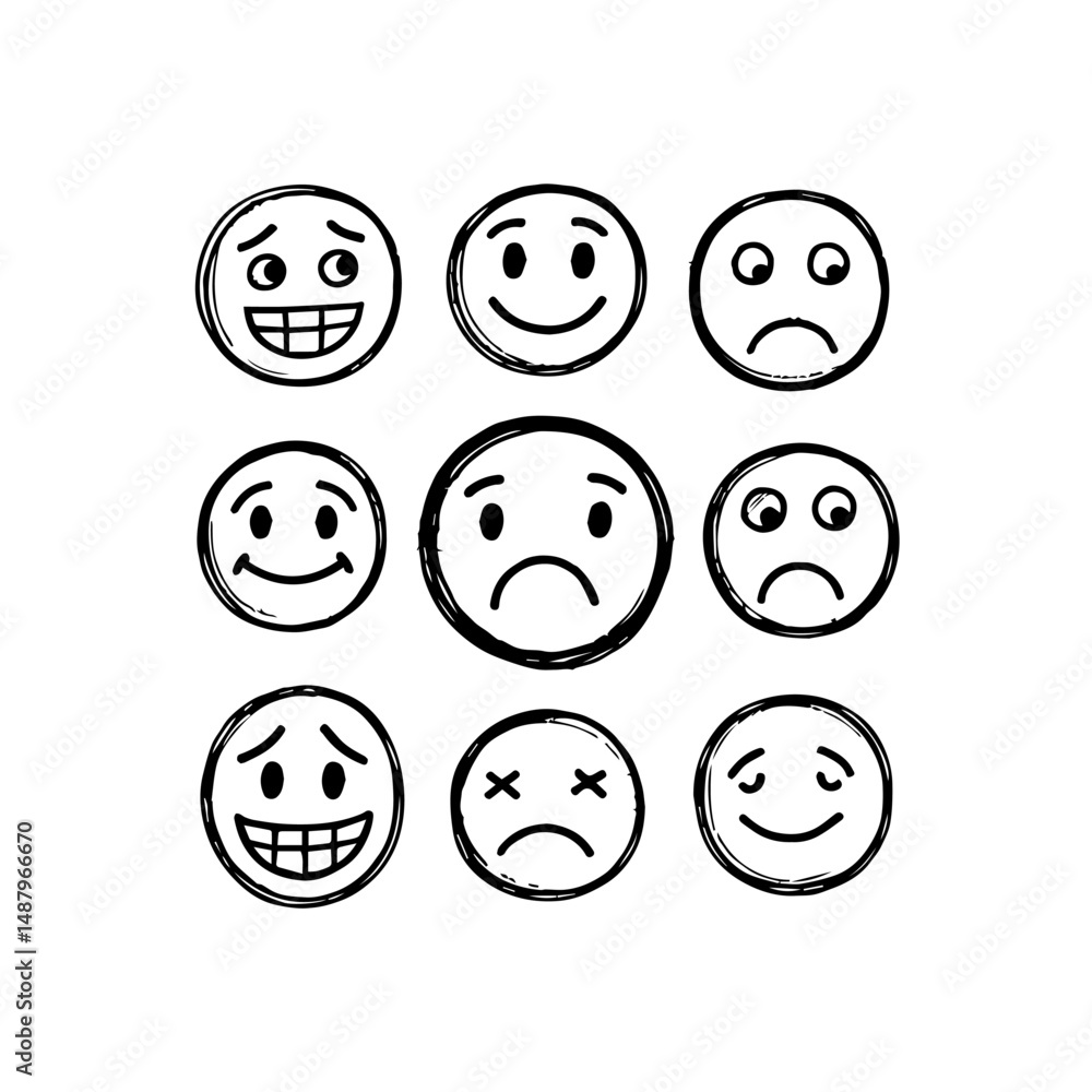 Hand-Drawn Doodle Emoji Face Icon Set Diverse Emotions Hand-Drawn Doodle Emoji Face Icon Set Diverse Emotions