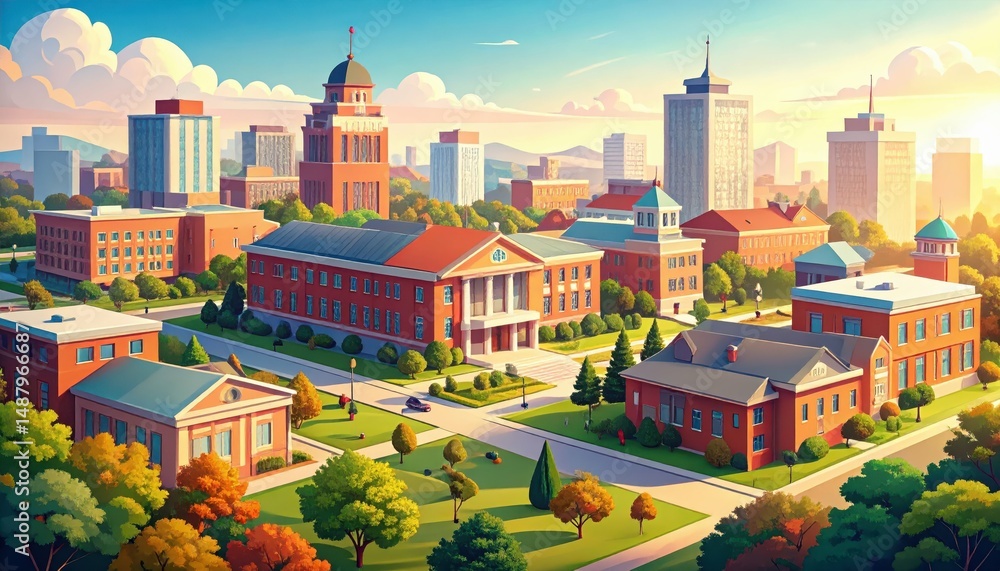 Obraz premium Scenic Cityscape Featuring Educational Institutions and Campus Life