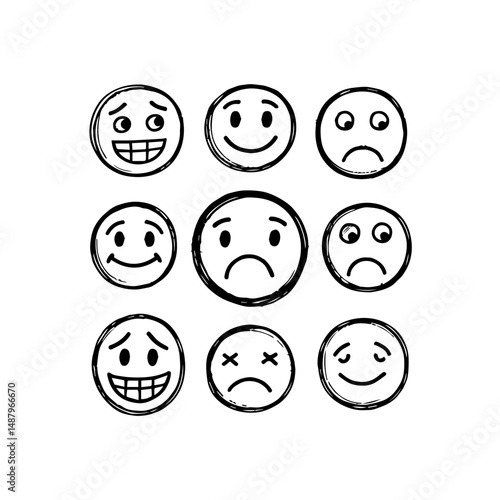 Hand-Drawn Doodle Emoji Face Icon Set Diverse Emotions