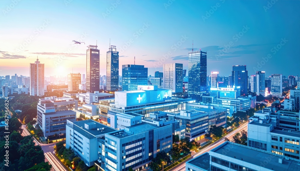 Obraz premium Cityscape with Focus on Healthcare Facilities and Hospitals