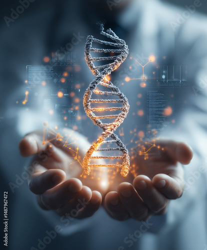 hands holding a double-helix DNA structure, with a doctor in a white coat and holographic medical data floating around them