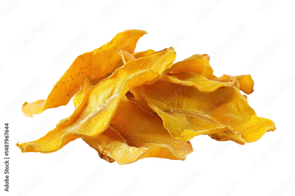 Fototapeta premium Flat yellow dried mango strips laid out in clean pattern Perfect for food photography, health snacks and ads
