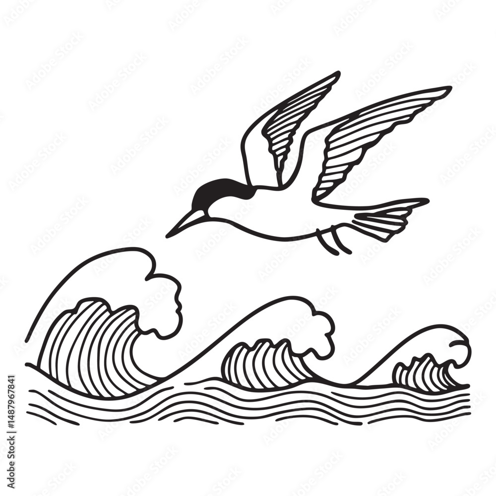 Fototapeta premium A tern flying above crashing sea waves