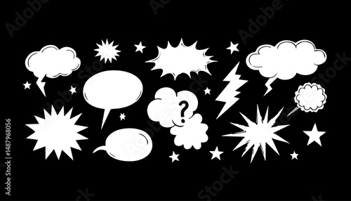 Hand-Drawn Comic Book Speech Bubbles and Elements Monochrome Vector Set