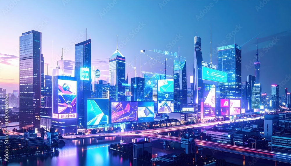 Fototapeta premium Futuristic Cityscape with Holographic Advertisements and Neon Lights