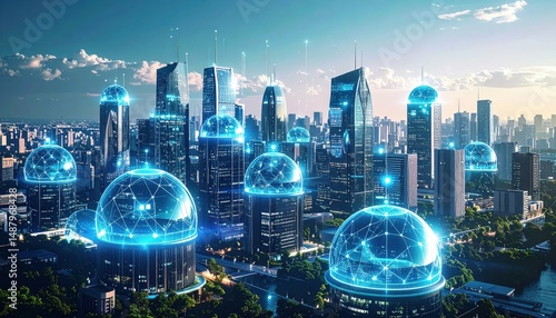 Futuristic Cityscape with Energy Domes and Protective Shields Overview
