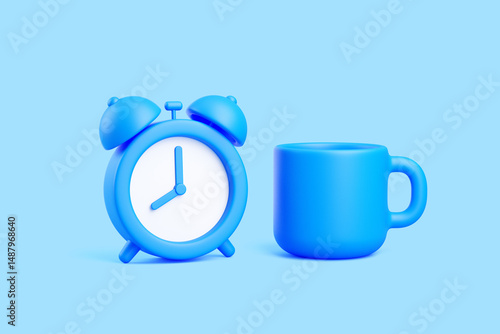 Blue 3D alarm clock and coffee mug icon on blue background