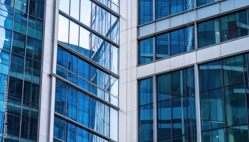Close-Up View of Modern Glass Building Facade in Urban Setting Close-Up View of Modern Glass Building Facade in Urban Setting