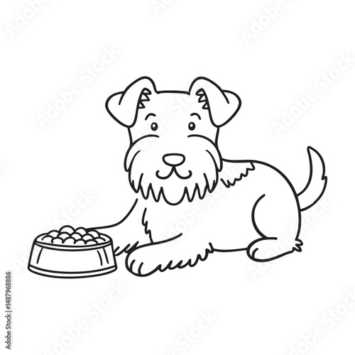 A terrier lying beside a food bowl on the porch