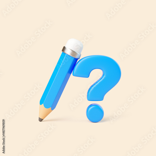 Blue Pencil and Question Mark on Beige Background