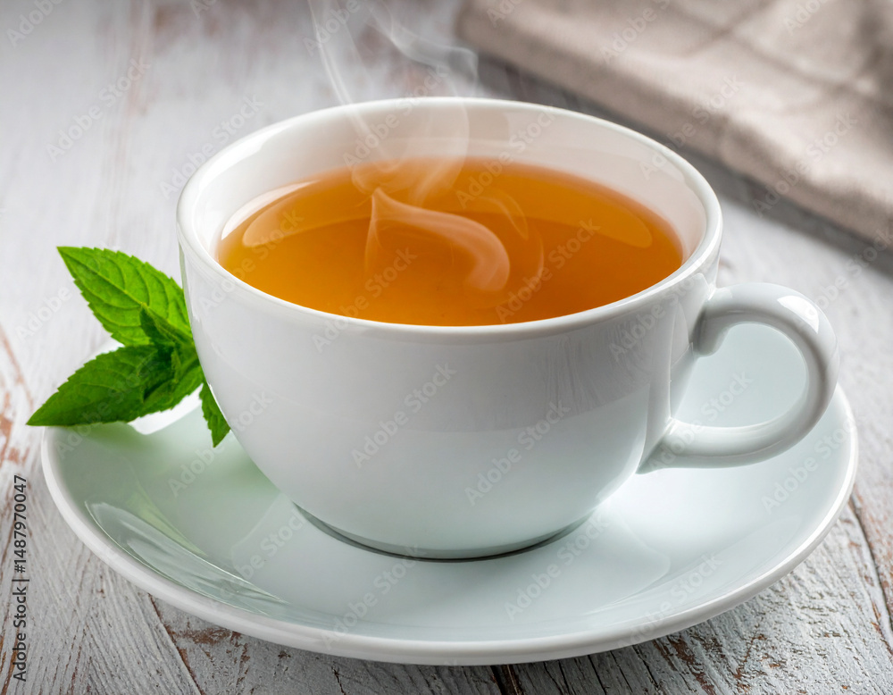 A freshly brewed cup of herbal tea resting on a white saucer with steam rising A freshly brewed cup of herbal tea resting on a white saucer with steam rising