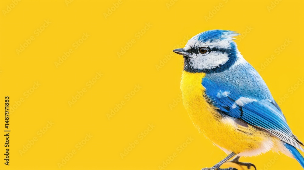 Obraz premium Bright colorful bird portrait on yellow background, vibrant blue and yellow bird, nature wildlife photography, detailed feather texture, exotic bird close-up, copy space