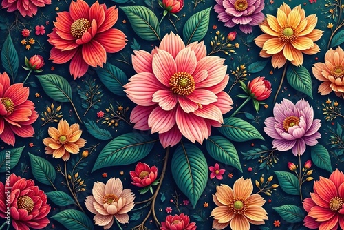 Intricate floral textile design, repeating motif , flower, repeat pattern