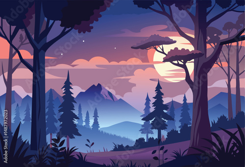 Silhouette twilight forest landscape background