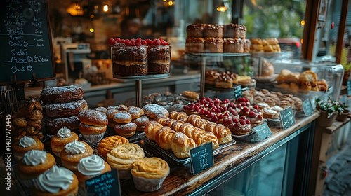 Abundant baked goods displayed on a wooden counter in a bakery, under warm lighting, inviting customers