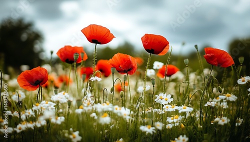 Wallpaper Mural Red poppy plant growing in a wildflower field with white, red, and green blossoms and a soft-focus natural background Torontodigital.ca
