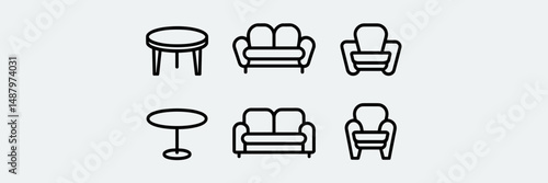 Minimal vector icons of table, couch, and chair – Great for product catalogs, furniture design, or online home stores.