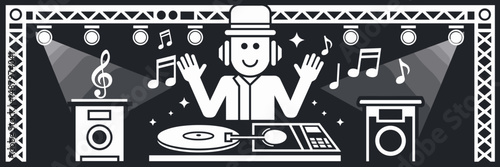 Concert DJ with record player, headphones, and music notes – Ideal for live music promotions, dance event flyers, or festival branding.