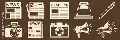 vintage style vector icons of news items including newspaper pen camera and megaphone on brown background – perfect for editorial design or journalism content
