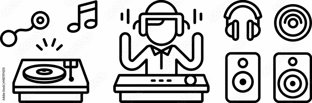 DJ surrounded by music gear and floating notes – Great for entertainment-themed designs, youth campaigns, or mobile graphics. DJ surrounded by music gear and floating notes – Great for entertainment-themed designs, youth campaigns, or mobile graphics.
