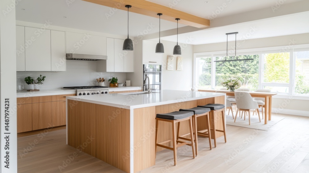 Modern minimalist kitchen with light wood accents and spacious layout Modern minimalist kitchen with light wood accents and spacious layout