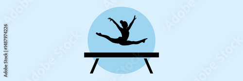 Silhouette gymnast on balance beam in mid-air pose – Suitable for gymnastics schools, athletic branding, or sports education materials.