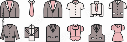simple vector icons of business clothes including suit tie shirt and dress – perfect for corporate presentations, fashion apps, or ecommerce